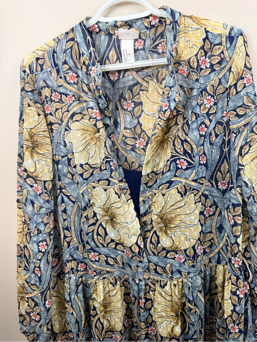 H&M x morris & co Blue Floral Long-Sleeve Tiered Maxi Dress with Yellow Accents - Picture 11 of 12
